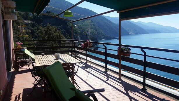 A balcony with a table and chairs, overlooking a body of water and mountains.