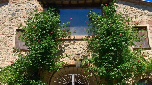 Un bâtiment en pierre doté d’une grande entrée en arc de cercle, d’un portail en métal et de plantes en pot.