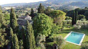 Une villa dotée d’une piscine, entourée d’une végétation luxuriante et de grands arbres.