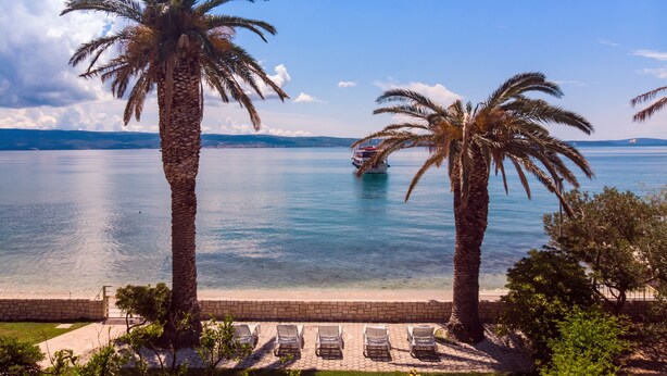 A beachside view with palm trees, a clear blue sea, and a boat in the distance.