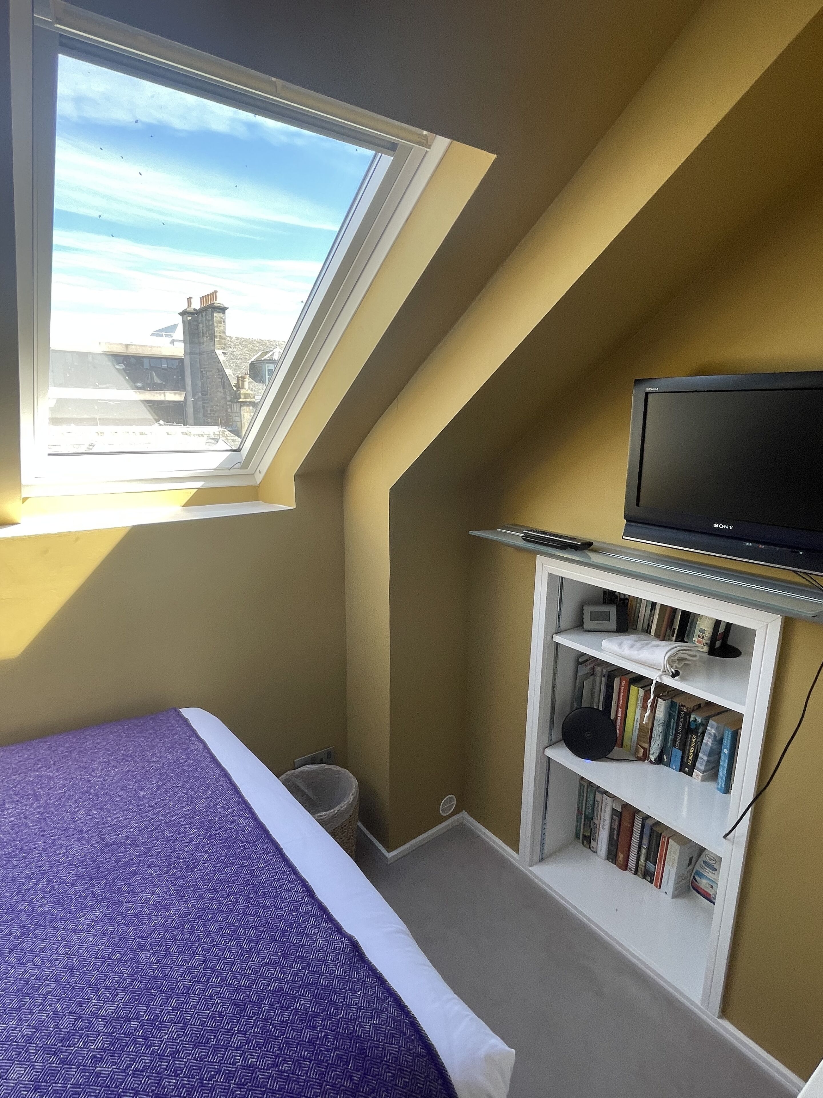 Ein Schlafzimmer mit Oberlicht, einem Bett, einem Bücherregal und einem Fernseher.