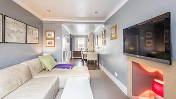 Télévision, cheminée, livres, chaßne hi-fi