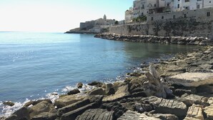 A coastal town with historic buildings along the waterfront, a rocky shoreline, and a clear blue sea. -  House in the nineteenth-century village  (Vieste)