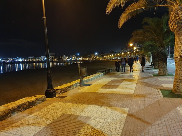 A nighttime waterfront promenade with a tiled walkway, palm trees, and a distant cityscape.