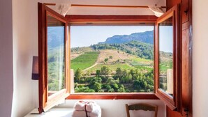 Una habitación con un ventanal que ofrece vistas a un viñedo y montañas.