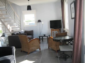 TV, DVD-spiller, bøker og stereoanlegg