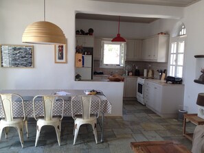 Fridge, stovetop, dishwasher, coffee/tea maker