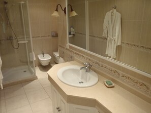 Combined shower/tub, hair dryer, bidet, towels
