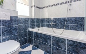 Combined shower/tub, hair dryer, towels, toilet paper