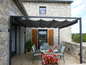 Outdoor dining - Fully air-conditioned stone villa with panoramic views and private pool. (Labeaume)