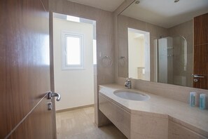Combined shower/bathtub, hair dryer, towels, soap