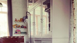 Une pièce avec une chaise bleue, une plante en pot et un meuble avec des portes en verre.