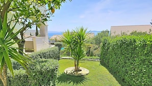 A well-maintained garden with a palm tree, neatly trimmed hedges, and a clear view of the sea in the background.