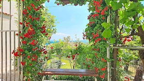 A garden with a bench and a wooden birdhouse.