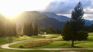 A golf course with a winding path, a pond, and a large tree. - Superb chalet: 50m to ski lift. 6 large bedrooms, sleeps 12, sauna & steam rooms (Saint-Jean-D'aulps)