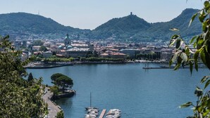 A cityscape with a large body of water, a prominent church, and surrounding hills.