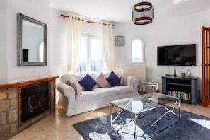 Smart TV, fireplace, DVD player, books