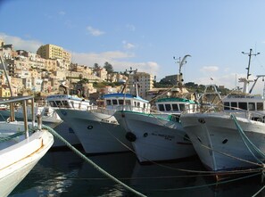 A marina with several boats docked, surrounded by a densely packed urban area with buildings.