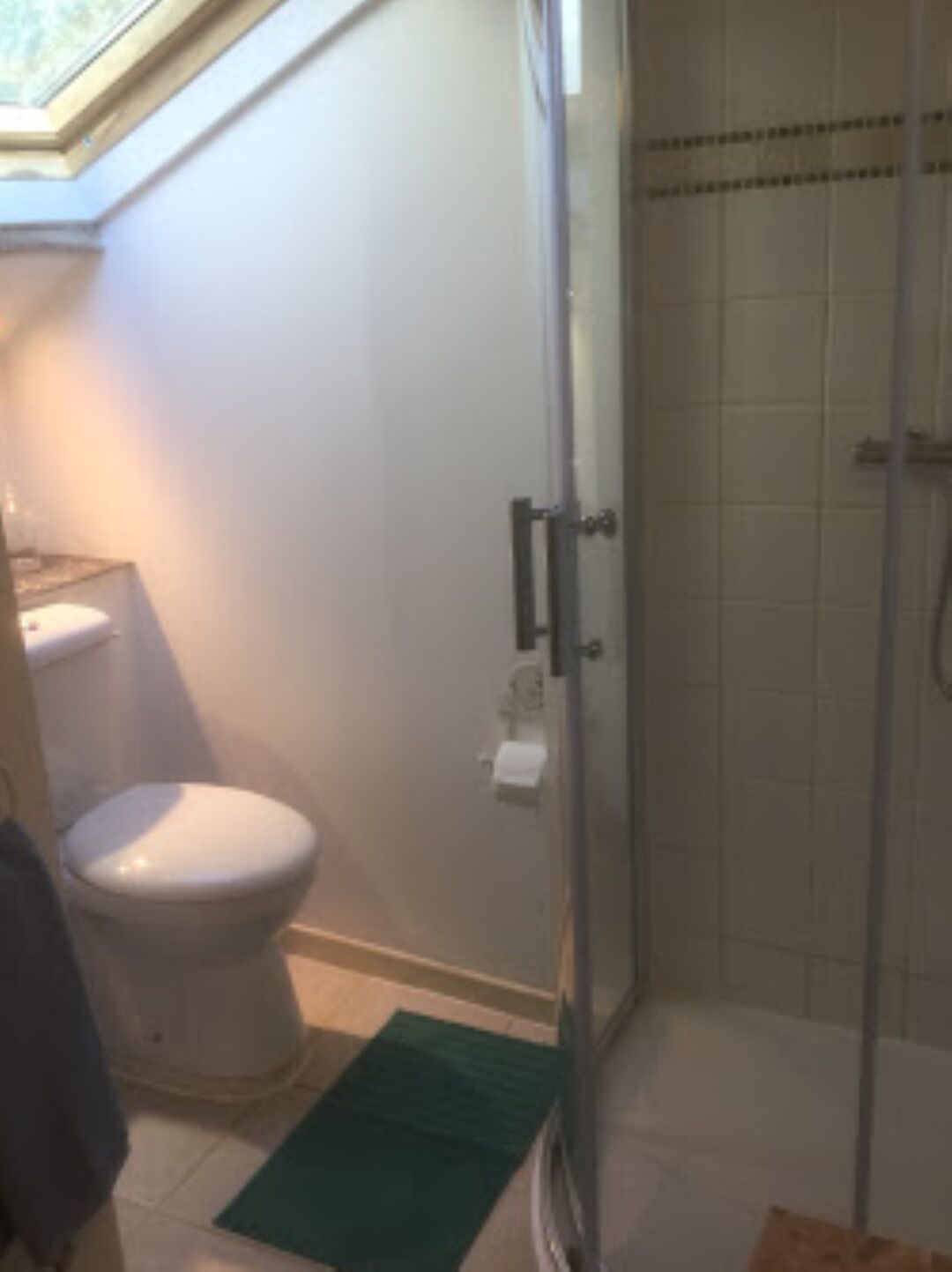 Une salle de bain comprenant des toilettes, une douche à parois de verre et une petite fenêtre située au-dessus des toilettes.