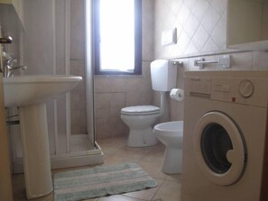 Shower, hair dryer, towels, toilet paper