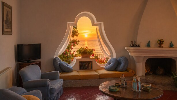 Una sala de estar con televisión, asientos, chimenea y vistas del atardecer.