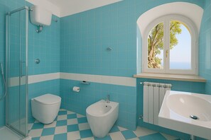 Combined shower/bathtub, hair dryer, bidet, towels