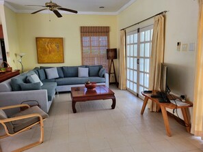 Televisio, DVD-soitin, pöytätennispöytä, kirjoja