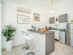 Een moderne keuken met een centraal eiland, roestvrijstalen apparatuur en een potplant.