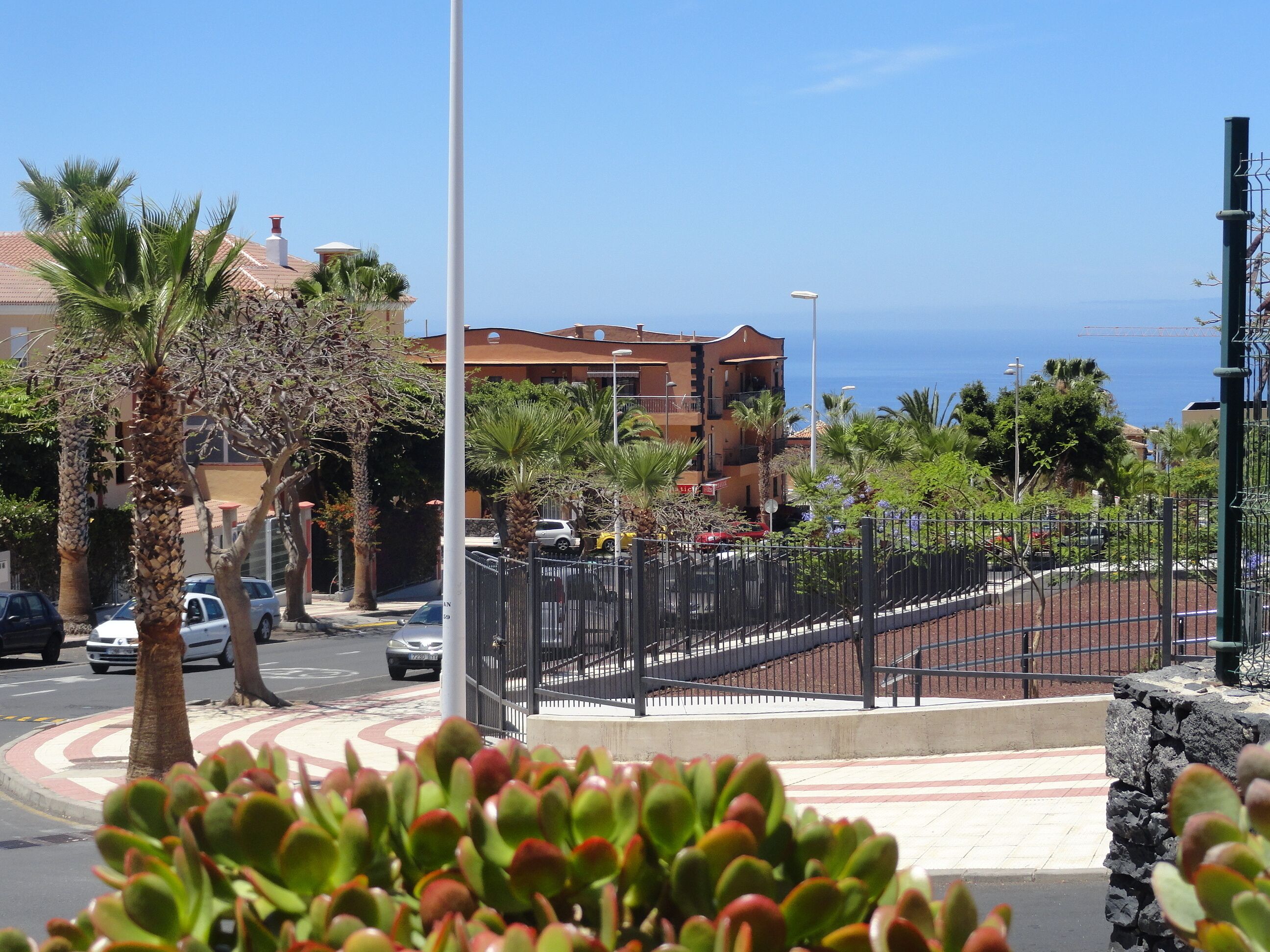 A coastal street with palm trees, a roundabout, and a building with balconies overlooking the sea.