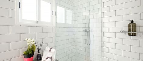 Hair dryer, towels, soap, toilet paper