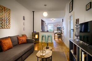 Smart TV, fireplace, books