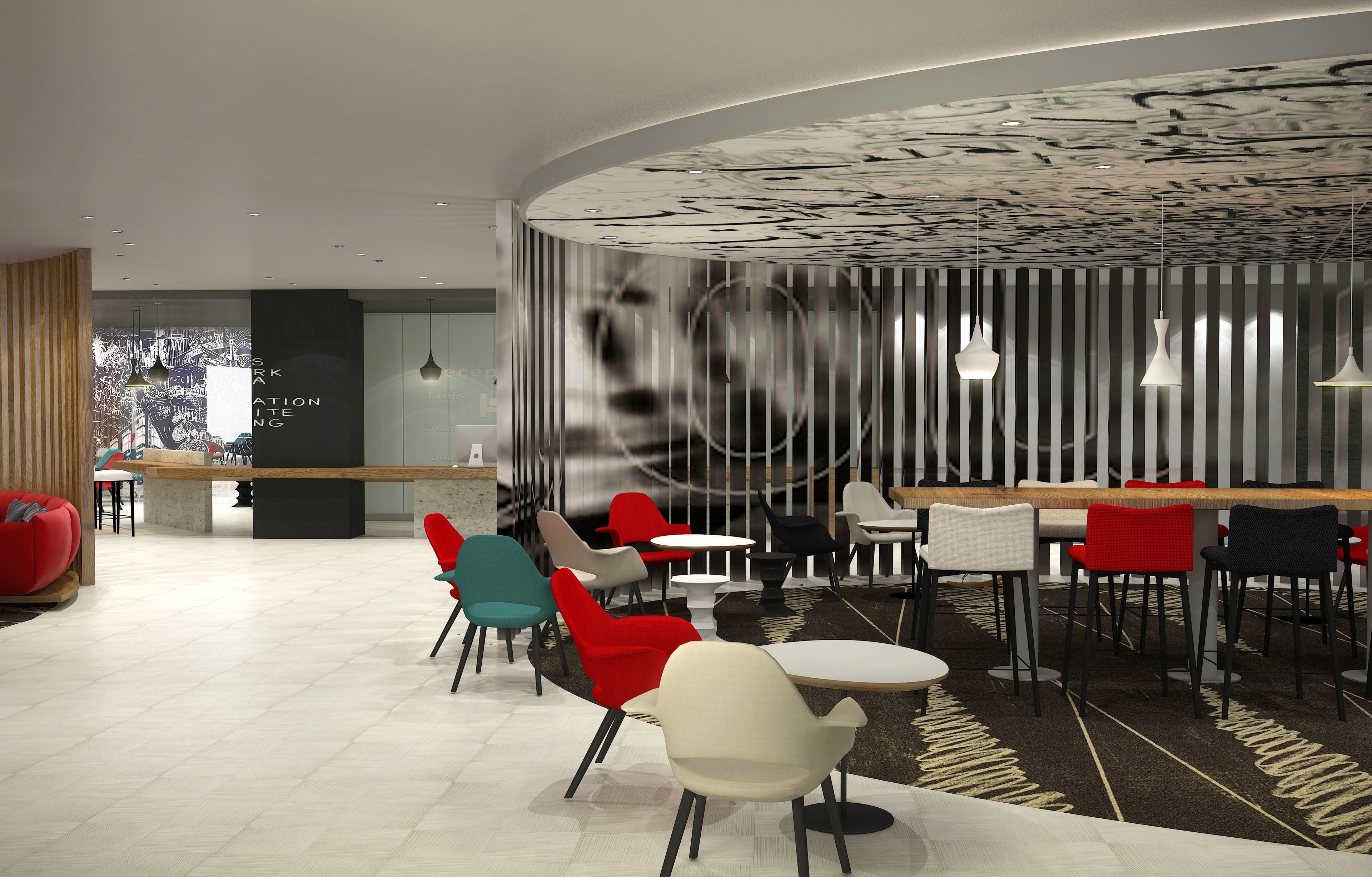 A modern interior with a curved wall, multiple seating areas, and a patterned ceiling.