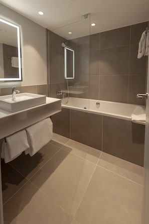 Eco-friendly toiletries, hair dryer, towels