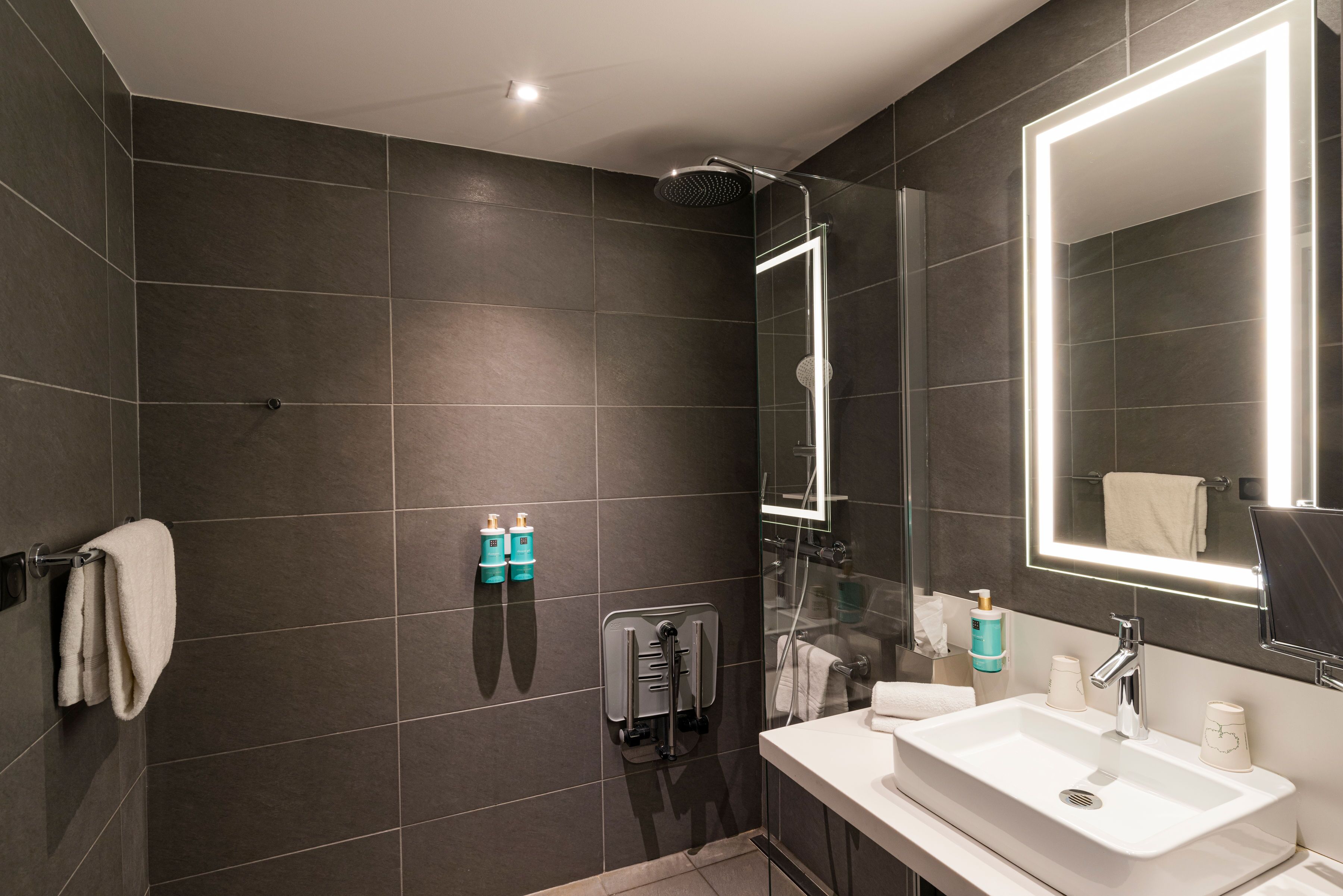 shower, eco-friendly toiletries, hair dryer, towels