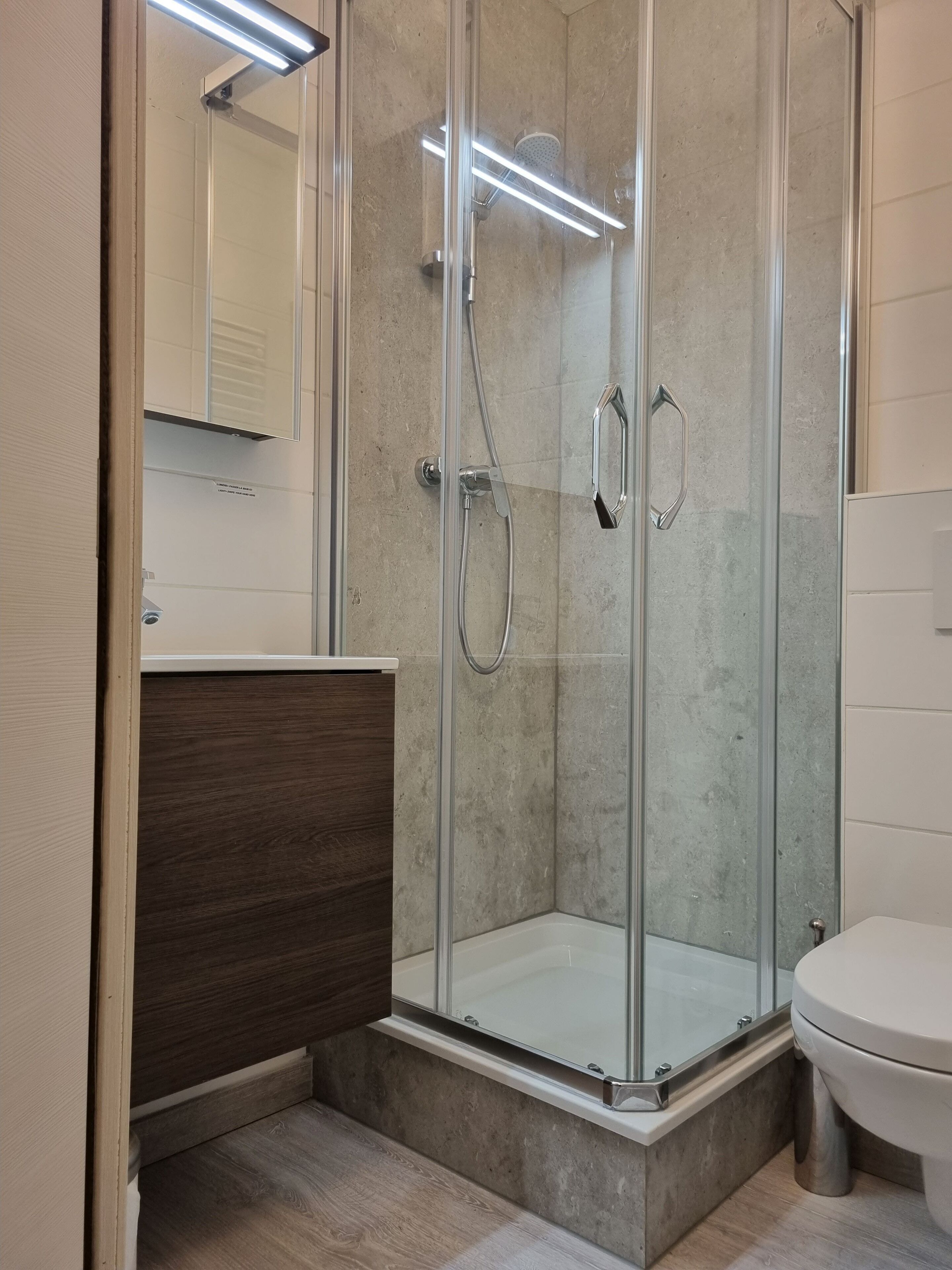 A modern bathroom with a glass-enclosed shower, a wooden vanity, and a white toilet.