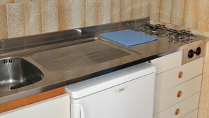 Una cocina compacta con un lavamanos de acero inoxidable, una estufa a gas y un refrigerador blanco.
