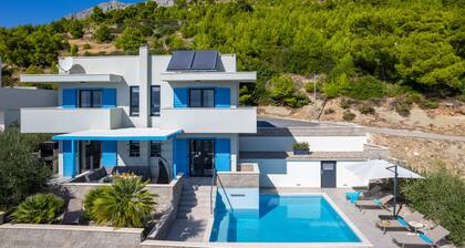 Villa Allegra with 32msq heated pool, 300m far from sandy beaches, open sea view