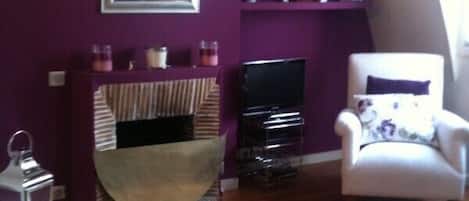 Tv, eldstad, dvd-spelare och böcker