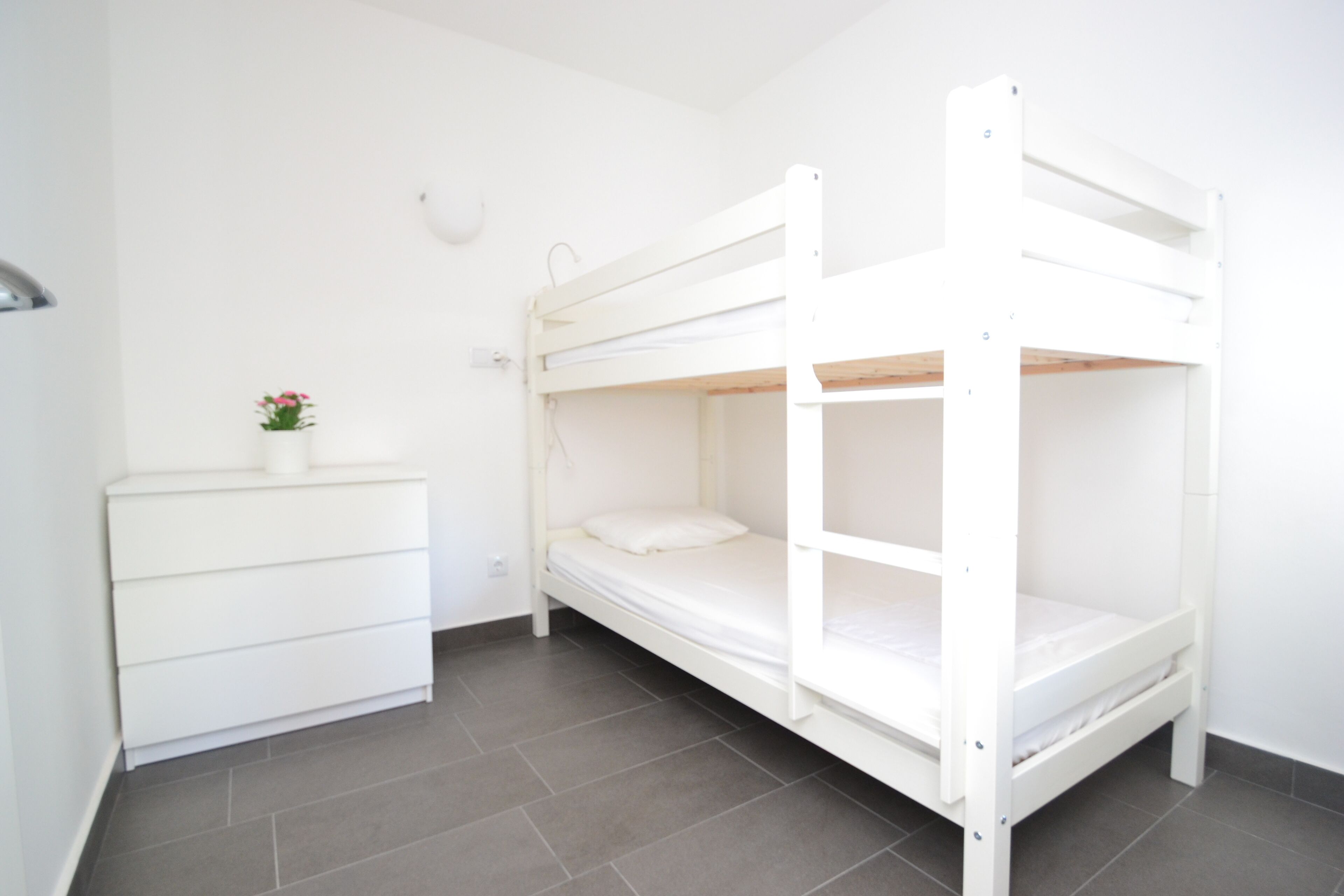 Un llit superposat en una habitació amb un prestatge blanc i una petita planta en test.