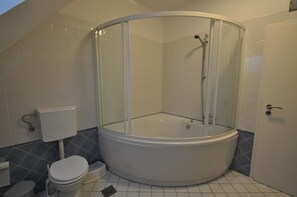 Bañera con ducha, secador de pelo, toallas, papel higiénico