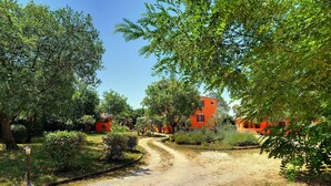 Un chemin de gravier mène à un bâtiment entouré de verdure.
