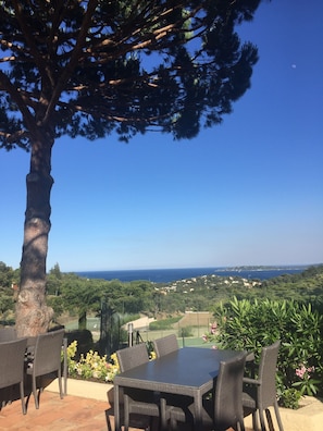 An outdoor dining area with a table and chairs, a tree, and a view of the sea and landscape.