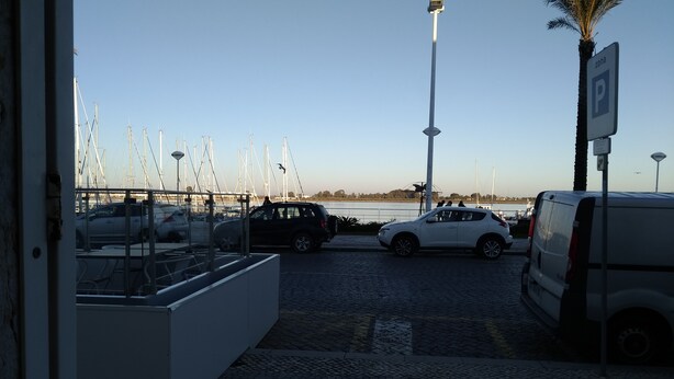 Ein Yachthafen mit geparkten Autos und einem weißen Lieferwagen, einem Parkschild und einer Palme.