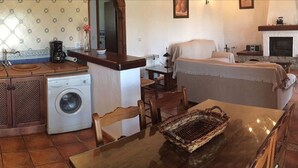A compact living space with a kitchen, dining area, and a fireplace.