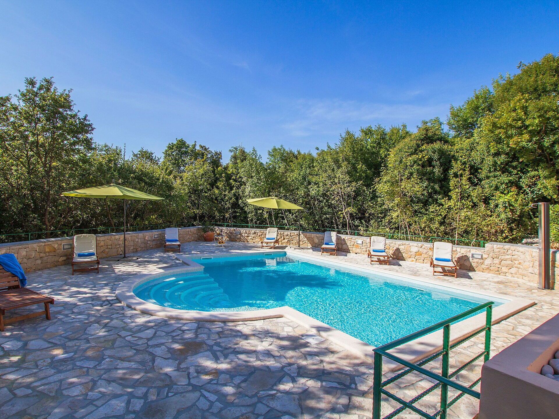 A swimming pool with stone tiles, surrounded by lounge chairs and umbrellas, set against a backdrop of trees.