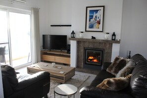 Smart TV, chimenea, libros y estéreo 