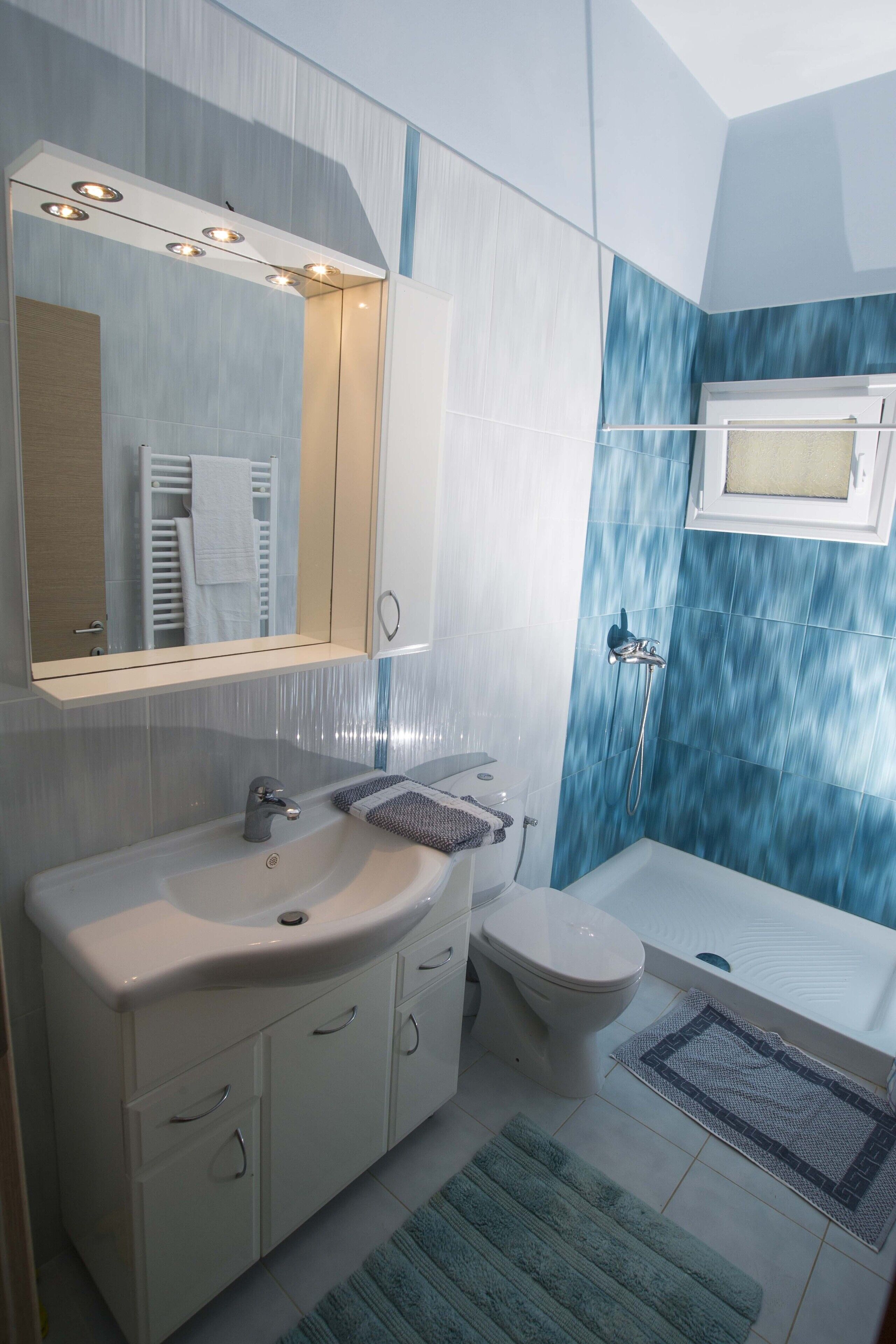 Une salle de bain moderne équipée d’un lavabo, de toilettes et d’une douche.