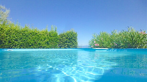 Una piscina cristallina circondata da vegetazione lussureggiante.