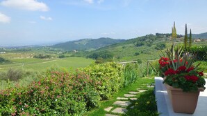 Un giardino con diverse piante e fiori, un vialetto in pietra e vista su dolci colline ed edifici in lontananza.