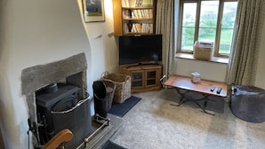 A cozy living room with a fireplace, a television, a bookshelf, and a window with curtains. - Beautifully Converted Barn With Stunning Views near Aysgarth (Newbiggin Bishopdale)